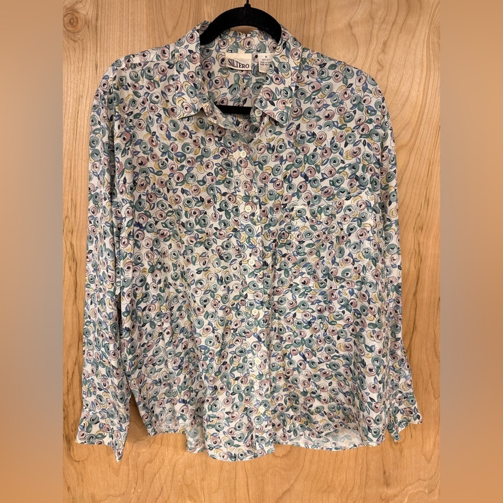 VTG Siltero Blouse Womens Medium floral 100% Silk Boho  Luxury Cottagecore